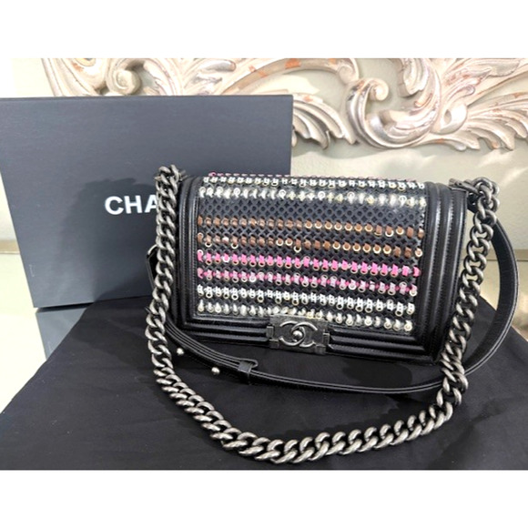 Chanel TWEED WOVEN Medium Boy Flap Bag Embellished Black Lambskin Box & Dustbag - Picture 1 of 16